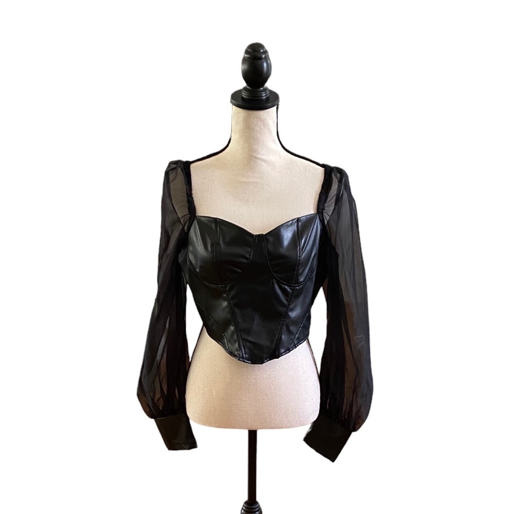 PU Bodice Sheer Sleeve Top